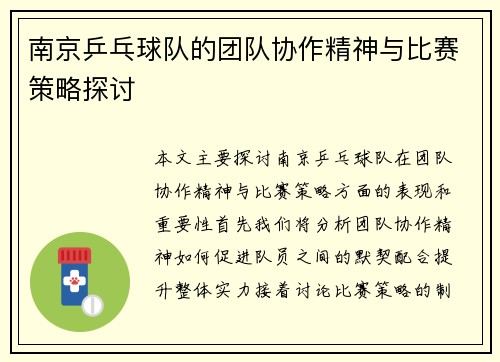南京乒乓球队的团队协作精神与比赛策略探讨